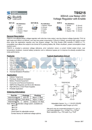 TS5215CY525 datasheet - 300mA Low Noise LDO Voltage Regulator with Enable