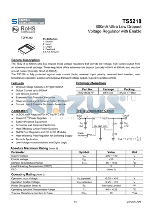 TS5218CQRF datasheet - 800mA Ultra Low Dropout Voltage Regulator with Enable