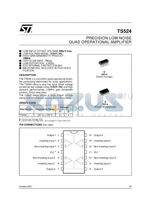 TS524 datasheet - PRECISION LOW NOISE QUAD OPERATIONAL AMPLIFIERS