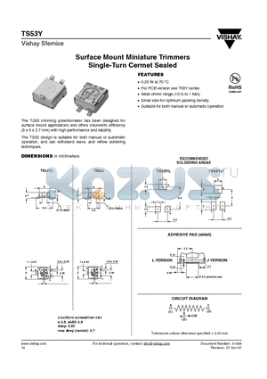 TS53YL datasheet - Surface Mount Miniature Trimmers Single-Turn Cermet Sealed