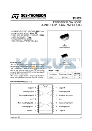 TS524IN datasheet - PRECISION LOW NOISE QUAD OPERATIONAL AMPLIFIERS