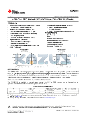 TS5A21366RSER datasheet - 0.75-Y DUAL SPST ANALOG SWITCH WITH 1.8-V COMPATIBLE INPUT LOGIC