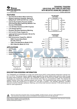 TS5A22362YZPR datasheet - 0.65-Y DUAL SPDT ANALOG SWITCHES WITH NEGATIVE SIGNALING CAPABILITY