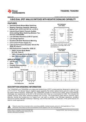 TS5A22362YZPR datasheet - 0.65-Y DUAL SPDT ANALOG SWITCHES WITH NEGATIVE SIGNALING CAPABILITY