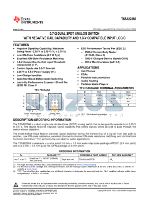 TS5A22366 datasheet - 0.7-Y DUAL SPDT ANALOG SWITCH WITH NEGATIVE RAIL CAPABILITY AND 1.8-V COMPATIBLE INPUT LOGIC