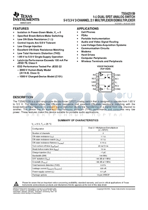 TS5A23159 datasheet - 1-ohm DUAL SPDT ANALOG SWITCH 5-V/3.3-V 2-CHANNEL 2:1 MULTIPLEXER/DEMULTIPLEXER