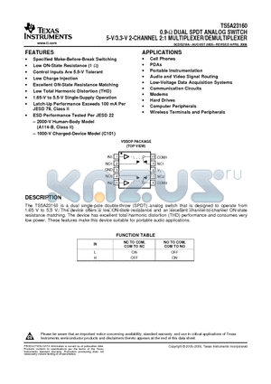 TS5A23160DGSRE4 datasheet - 0.9-W DUAL SPDT ANALOG SWITCH 5-V/3.3-V 2-CHANNEL 2:1 MULTIPLEXER/DEMULTIPLEXER