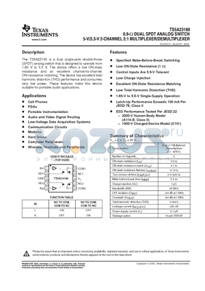 TS5A23160DGST datasheet - 0.9-ohm DUAL SPDT ANALOG SWITCH 5-V/3.3-V 2-CHANNEL 2:1 MULTIPLEXER/DEMULTIPLEXER