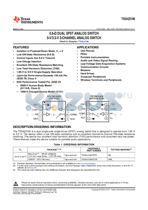 TS5A23166YZPR datasheet - 0.9-Y DUAL SPST ANALOG SWITCH 5-V/3.3-V 2-CHANNEL ANALOG SWITCH