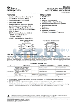 TS5A23166YEPR datasheet - 0.9-ohm DUAL SPST ANALOG SWITCH 5-V/3.3-V 2-CHANNEL ANALOG SWITCH