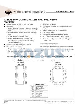 WMF128K8-50CI5A datasheet - 128Kx8 MONOLITHIC FLASH, SMD 5962-96690