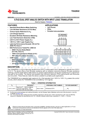 TS5A26542YZTR datasheet - 0.75-Y DUAL SPDT ANALOG SWITCH WITH INPUT LOGIC TRANSLATION