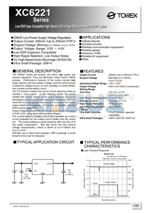 XC6221B datasheet - Low ESR Caps Compatible High Speed LDO Voltage Regulators with ON/OFF Switch