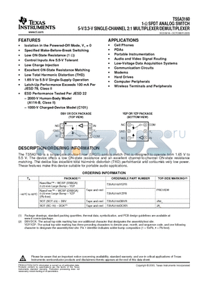 TS5A3160 datasheet - 1-ohm SPDT ANALOG SWITCH 5-V/3.3-V SINGLE-CHANNEL 2:1 MULTIPLEXER/DEMULTIPLEXER