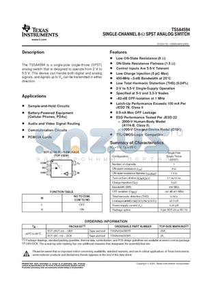 TS5A4594DBVR datasheet - SINGLE-CHANNEL 8-ohm SPST ANALOG SWITCH