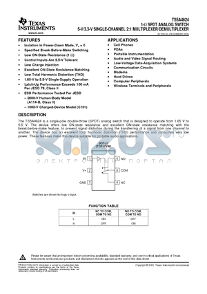 TS5A4624DCKRE4 datasheet - 1-ohm SPDT ANALOG SWITCH 5-V/3.3-V SINGLE-CHANNEL 2:1 MULTIPLEXER/DEMULTIPLEXER