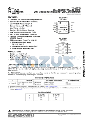 TS5A623157 datasheet - DUAL 10-Y SPDT ANALOG SWITCH WITH UNDERSHOOT/OVERSHOOT VOLTAGE PROTECTION