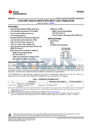 TS5A6542YZPR datasheet - 0.75-Y SPDT ANALOG SWITCH WITH INPUT LOGIC TRANSLATION