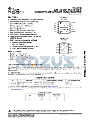 TS5A623157RSER datasheet - DUAL 10-Y SPDT ANALOG SWITCH WITH UNDERSHOOT/OVERSHOOT VOLTAGE PROTECTION