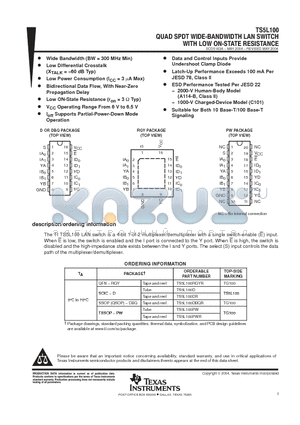 TS5L100DBQR datasheet - QUAD SPDT WIDE-BANDWIDTH LAN SWITCH WITH LOW ON-STATE RESISTANCE