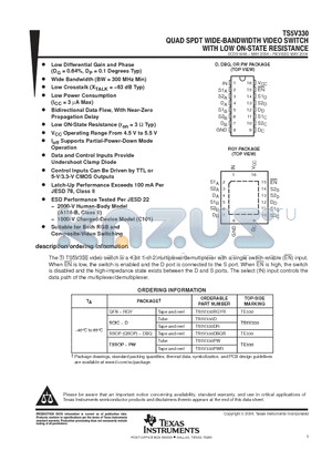 TS5V330D datasheet - QUAD SPDT WIDE BANDWIDTH VIDEO SWITCH WITH LOW ON STATE RESISTANCE