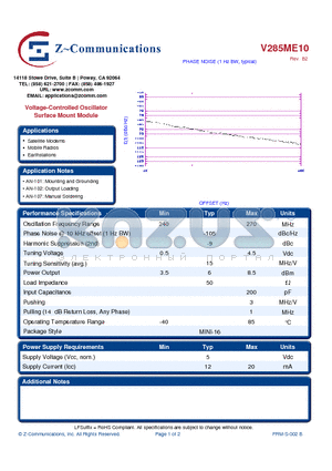 V285ME10 datasheet - Voltage-Controlled Oscillator Surface Mount Module