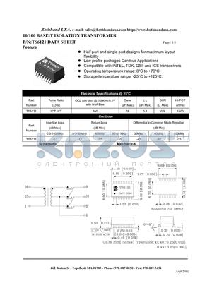 TS6121 datasheet - 10/100 BASE-T ISOLATION TRANSFORMER