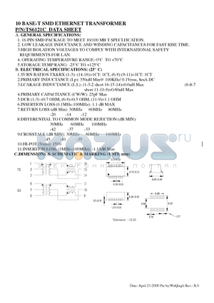 TS6121C datasheet - 10 BASE-T SMD ETHERNET TRANSFORMER