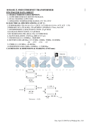 TS6121B datasheet - 10 BASE-T, SMD ETHERNET TRANSFORMER