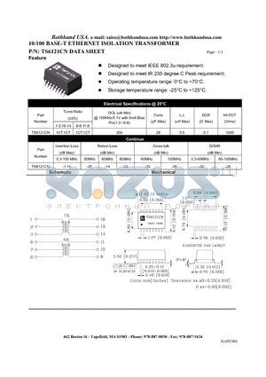 TS6121CN datasheet - 10/100 BASE-T ETHERNET ISOLATION TRANSFORMER