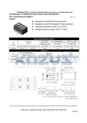 TS6121D datasheet - 10/100 BASE-T ETHERNET ISOLATION TRANSFORMER