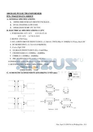 TS6123 datasheet - 100 BASE PULSE TRANSFORMER