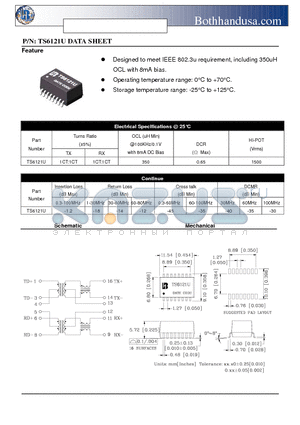 TS6121U datasheet - 10/100 BASE-T ETHERNET ISOLATION TRANSFORMER
