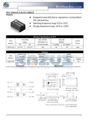 TS6121UX datasheet - 10/100 BASE-T ETHERNET ISOLATION TRANSFORMER