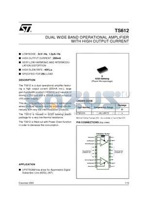 TS612ID datasheet - DUAL WIDE BAND OPERATIONAL AMPLIFIER WITH HIGH OUTPUT CURRENT