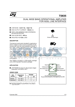 TS635DW datasheet - DUAL WIDE BAND OPERATIONAL AMPLIFIER FOR ADSL LINE INTERFACE