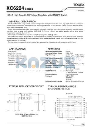 XC6224 datasheet - 150mA High Speed LDO Voltage Regulator with ON/OFF Switch