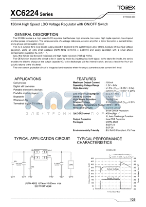 XC6224A0817R-G datasheet - 150mA High Speed LDO Voltage Regulator with ON/OFF Switch