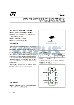 TS634ID datasheet - DUAL WIDE BAND OPERATIONAL AMPLIFIER FOR ADSL LINE INTERFACE