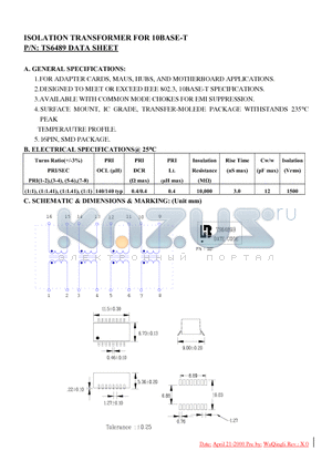 TS6489 datasheet - ISOLATION TRANSFORMER FOR 10BASE-T