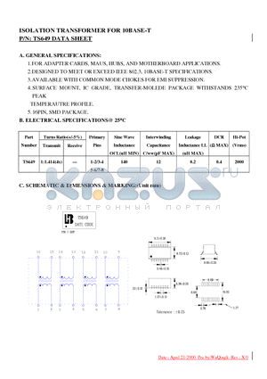 TS649 datasheet - ISOLATION TRANSFORMER FOR 10BASE-T