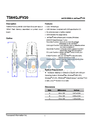 TS64GJFV20 datasheet - 64GB USB2.0 JetFlash^V20