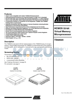 TS68020VR20 datasheet - HCMOS 32-bit Virtual Memory Microprocessor