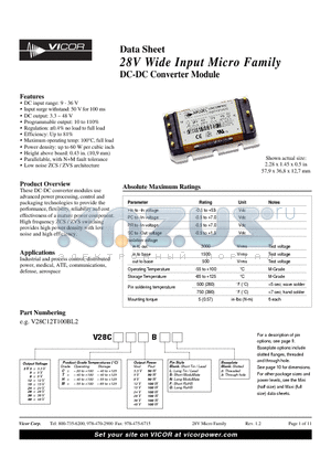 V28C24M100BG3 datasheet - 28V Wide Input Micro Family DC-DC Converter Module