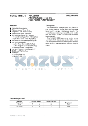 V29LC51002 datasheet - 2 MEGABIT 262,144 x 8 BIT 5 VOLT CMOS FLASH MEMORY