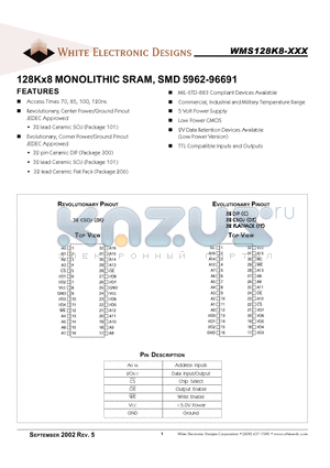 WMS128K8-70FEC datasheet - 128Kx8 MONOLITHIC SRAM, SMD 5962-96691