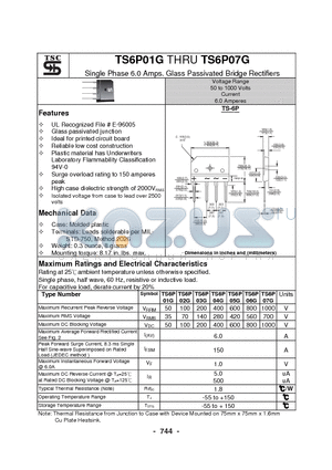 TS6P01G datasheet - Single Phase 6.0 Amps. Glass Passivated Bridge Rectifiers