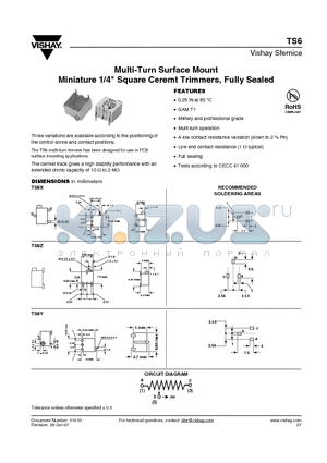 TS6Y datasheet - Multi-Turn Surface Mount Miniature 1/4