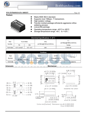 TS7010M datasheet - 10 BASE-T SMD TRANSFORMER & CHOKE