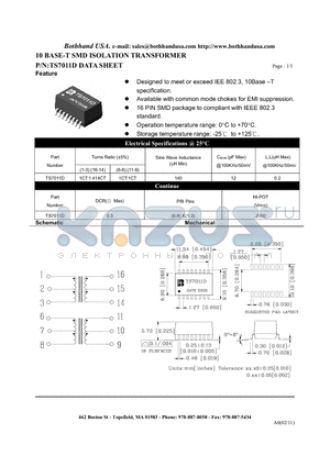 TS7011D datasheet - 10 BASE-T SMD ISOLATION TRANSFORMER